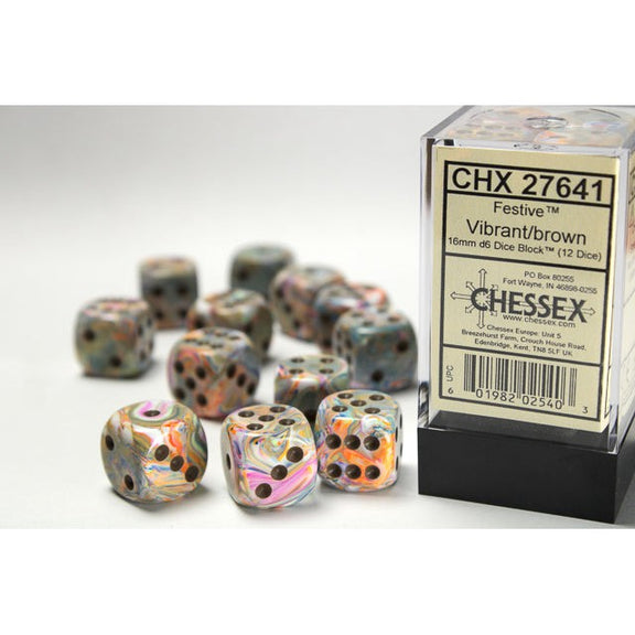 Dice - CHX 27641 - Chessex Festive 16mm d6 Dice Block (12ct.) - Vibrant/Brown