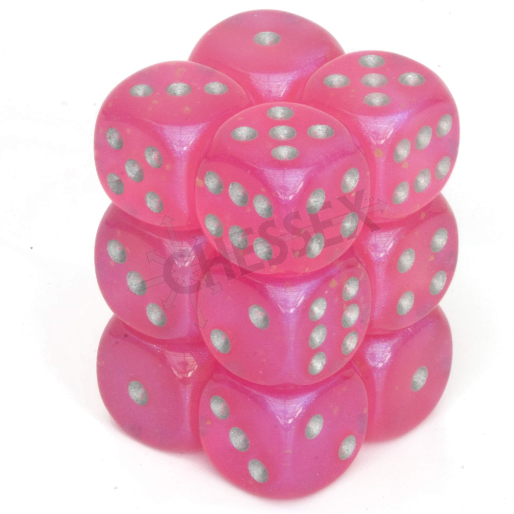 Dice - CHX 27784 Chessex Borealis 16mm d6 Dice Block (12ct.) Pink/Silver Luminary