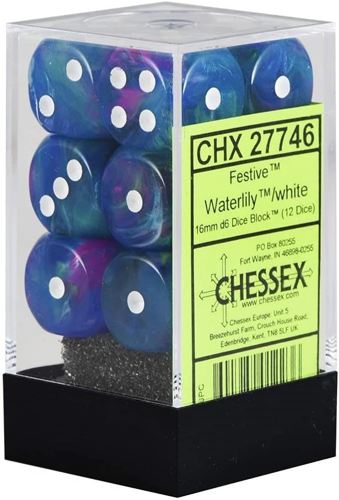 Dice - CHX 27746 Chessex Festive 16mm d6 Dice Block (12ct.) Waterlily/white
