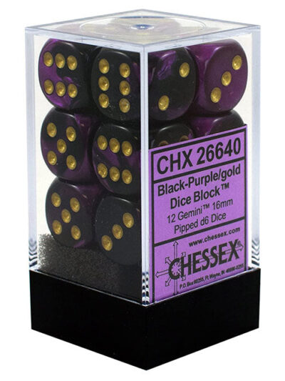 Dice - CHX 26640 Chessex Gemini 16mm d6 Dice Block (12ct.) Black-Purple/gold