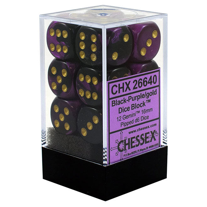 Dice - CHX 26640 Chessex Gemini 16mm d6 Dice Block (12ct.) Black-Purple/gold