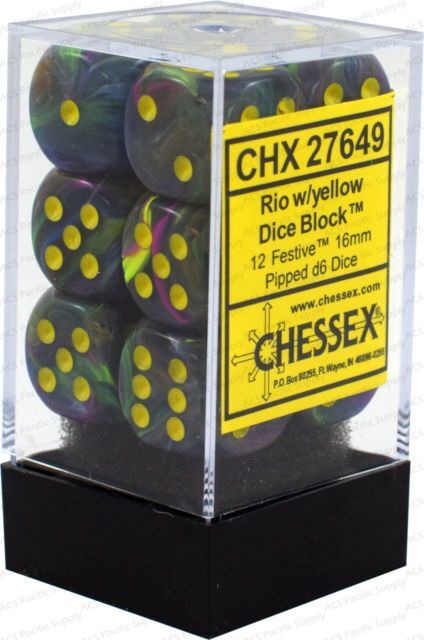 Dice - CHX 27649 Chessex Festive 16mm d6 Dice Block (12ct.) Rio/yellow